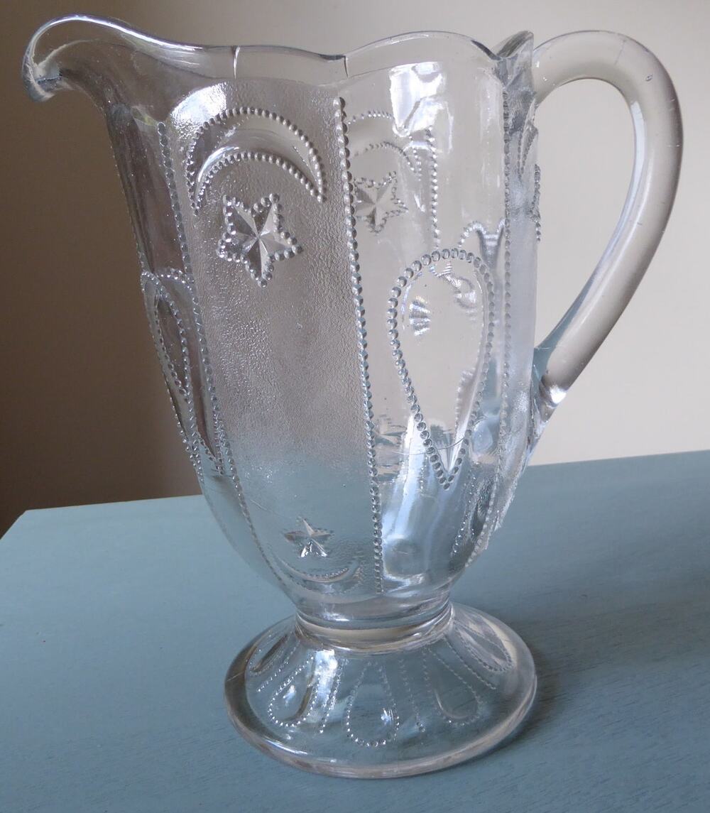 Antique EAPG Beatty-Brady Jeweled Moon & Star Footed Glass Water PItcher c1903